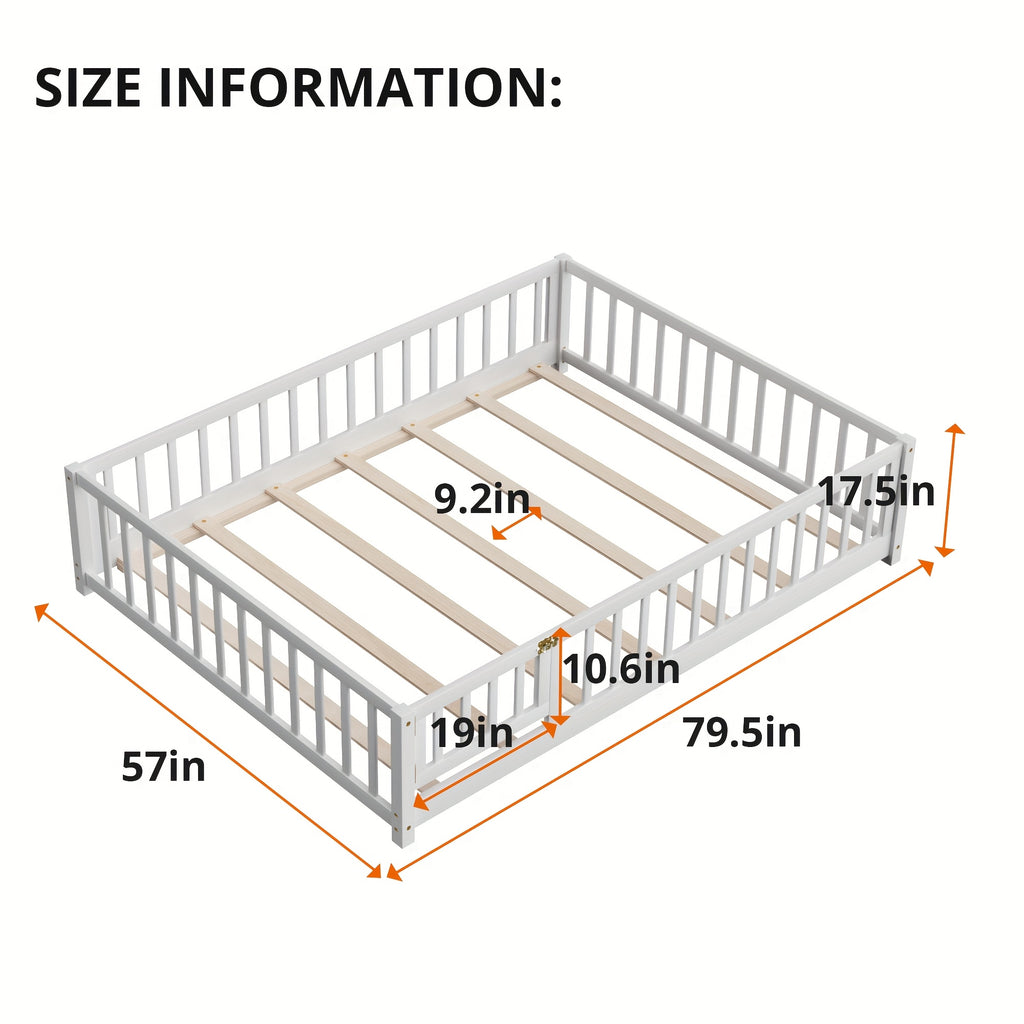 Kids' Solid Wood Bed Kids' Double\u002FFull\u002FQueen Bed Frame, Solid Wood with Reinforced Horizontal Bars, High-Safety Safety Rail and Fun Small Door Design, Durable Bed Suitable for Girls and Boys, Helps Develop Independence, Easy to Assemble