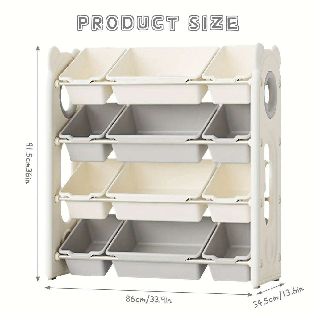 4-Tier Toy Storage Organizer - Kids Book Rack And Diapering Essentials Station With 12 Removable Plastic Bins- Sturdy Bookshelf For Boys And Girls, Holds Toys, Books, Diapers, Wipes, Milk Powder, Bottles, For Playroom, Daycare And Nursery