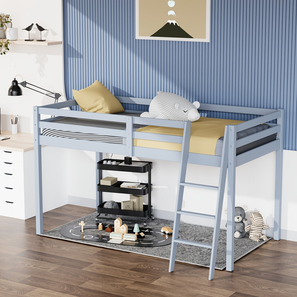 Bonnlo Twin\u002FFull Low Loft Bed with Inclined Stairs - Solid Wood & MDF Bunk Bed Frame, High Guard Rail, No Box Spring Needed, Space-Saving Bed for,,, Small Rooms (No Assembly Required)