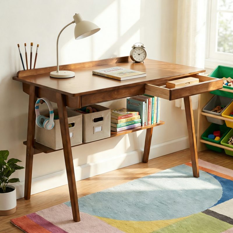 Solid Wood Writing Desk, Home Office Desk for Small Spaces, Mid-Century Modern Desk with 2 Drawers Storage Shelf, Standing Desk with Side Hooks for Study, Bedroom, Office (Walnut)