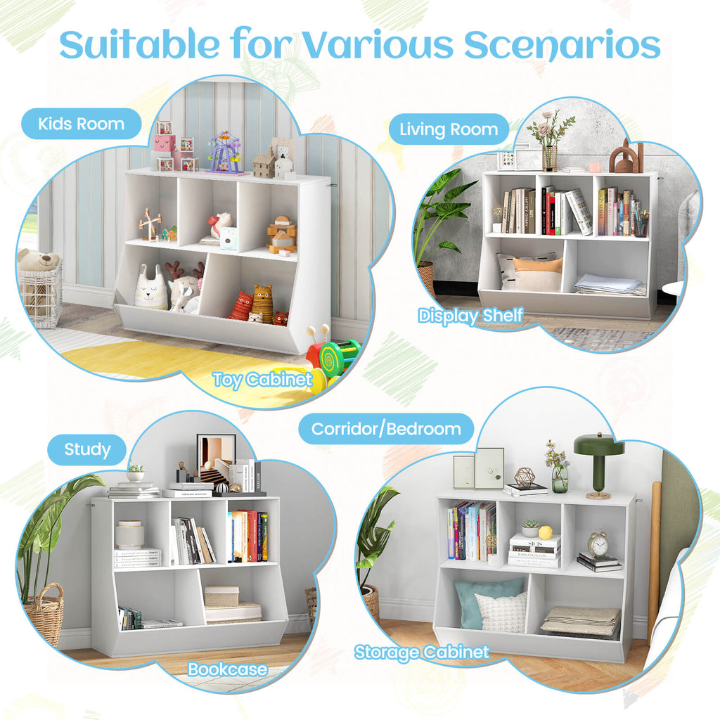 COSTWAY 5-Cubby Kids Toy Storage Organizer Wooden Bookshelf Display Cabinet White\u002FNatural