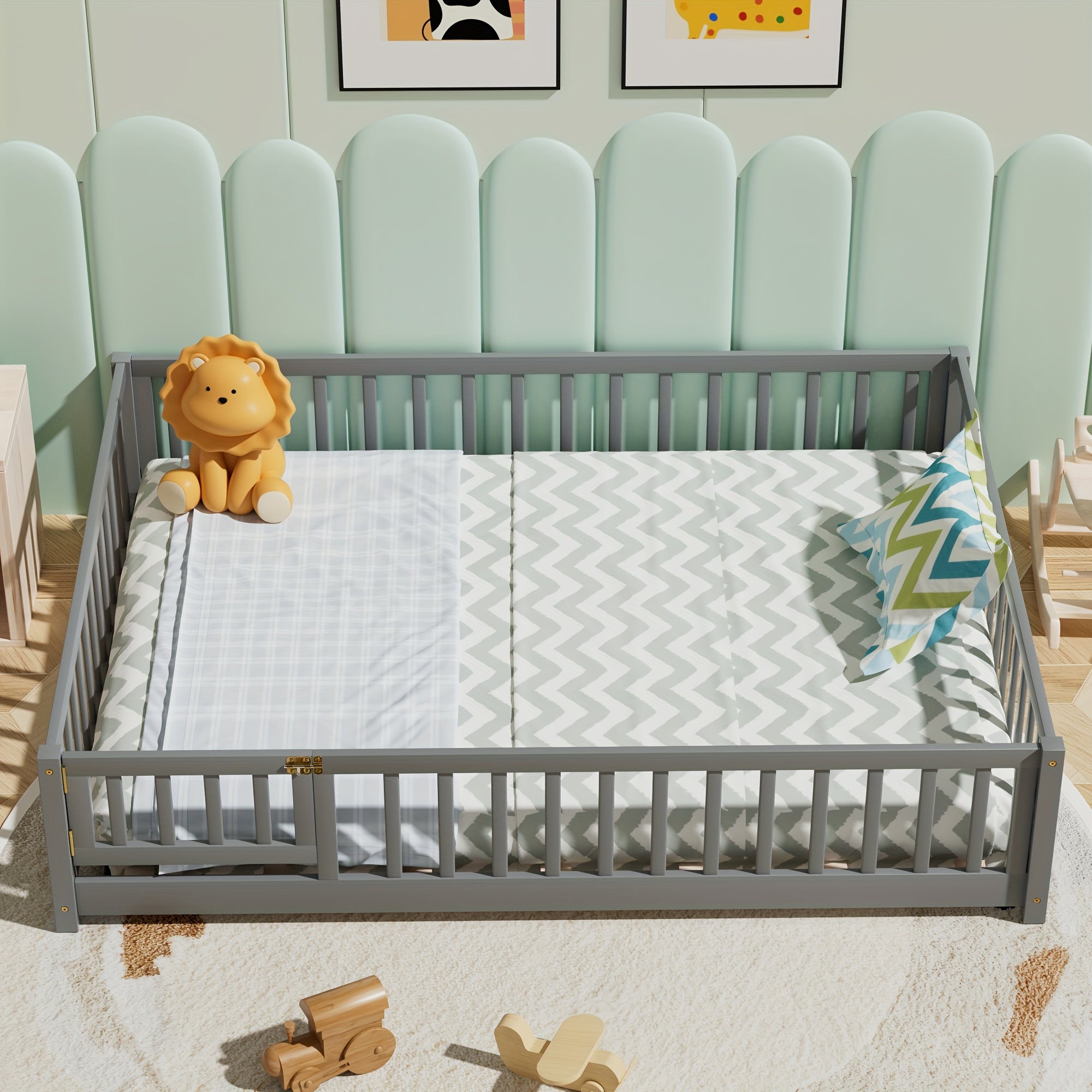 Kids' Solid Wood Bed Kids' Double\u002FFull\u002FQueen Bed Frame, Solid Wood with Reinforced Horizontal Bars, High-Safety Safety Rail and Fun Small Door Design, Durable Bed Suitable for Girls and Boys, Helps Develop Independence, Easy to Assemble