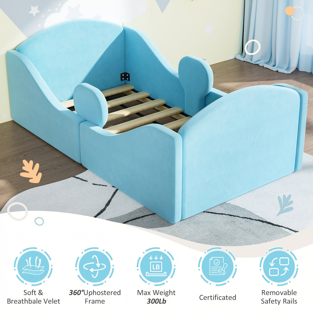 Toddler Bed, Certified Toddler Floor Bed With Removable Safety Rails | Standard Crib Size Ultra Soft Upholstered Kids Bed For Girl Boy Pink, Blue, Gray - Wood, Pine Finish, Assembly Required, Mattress Not Included