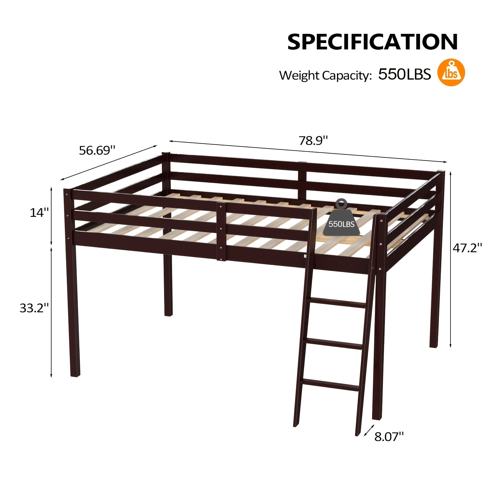 Bonnlo Twin\u002FFull Low Loft Bed with Inclined Stairs - Solid Wood & MDF Bunk Bed Frame, High Guard Rail, No Box Spring Needed, Space-Saving Bed for,,, Small Rooms (No Assembly Required)