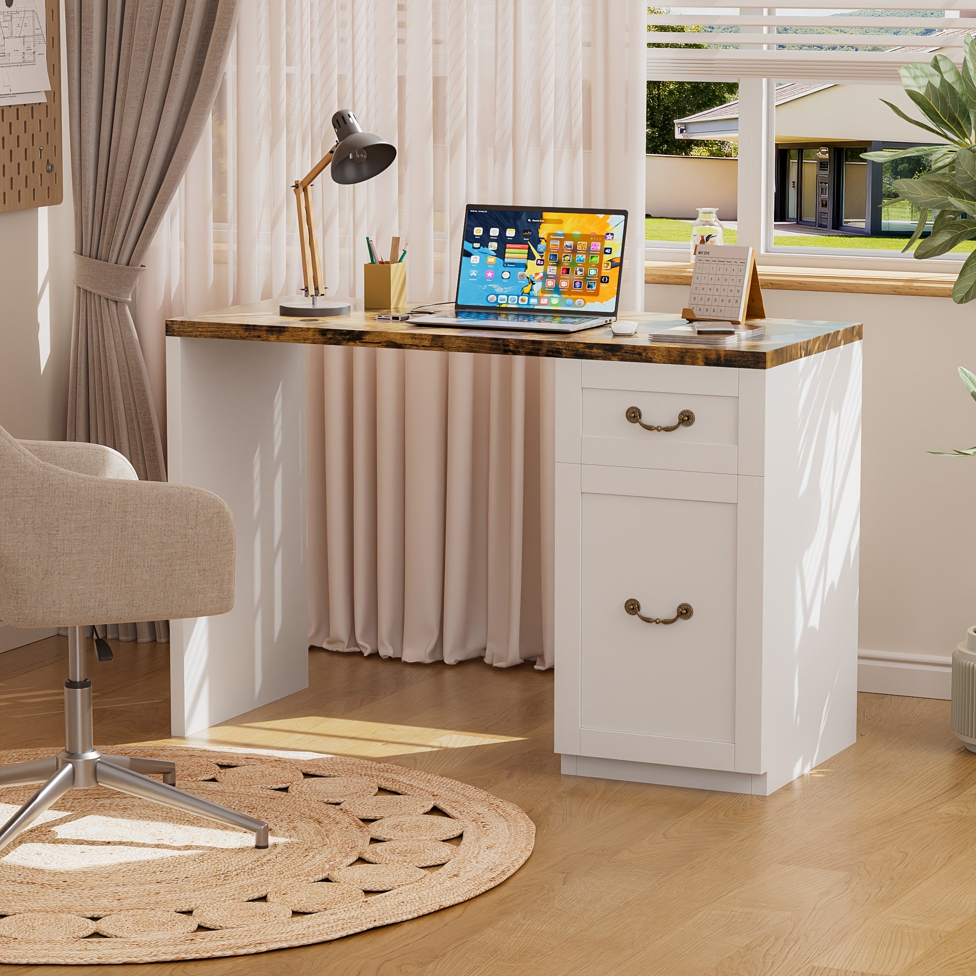 Computer Desk With Drawer And Cabinet | Home Office Desk With Storage, Modern Easy Laptop Desk Study Writing Table For Work, Small Spaces, Engineered Wood, P.H.Furn