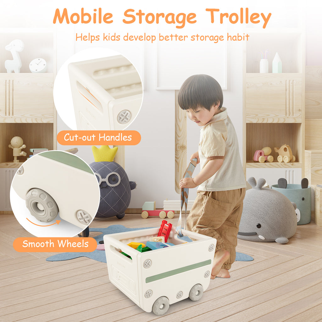COSTWAY Kids Toy Storage Organizer, Multipurpose Toy Chest and Bookshelf w\u002F Mobile Trolley, Enclosed Cabinets & Storage Bins, Side Bookshelves, Storage Cabinet w\u002F Unique Roof