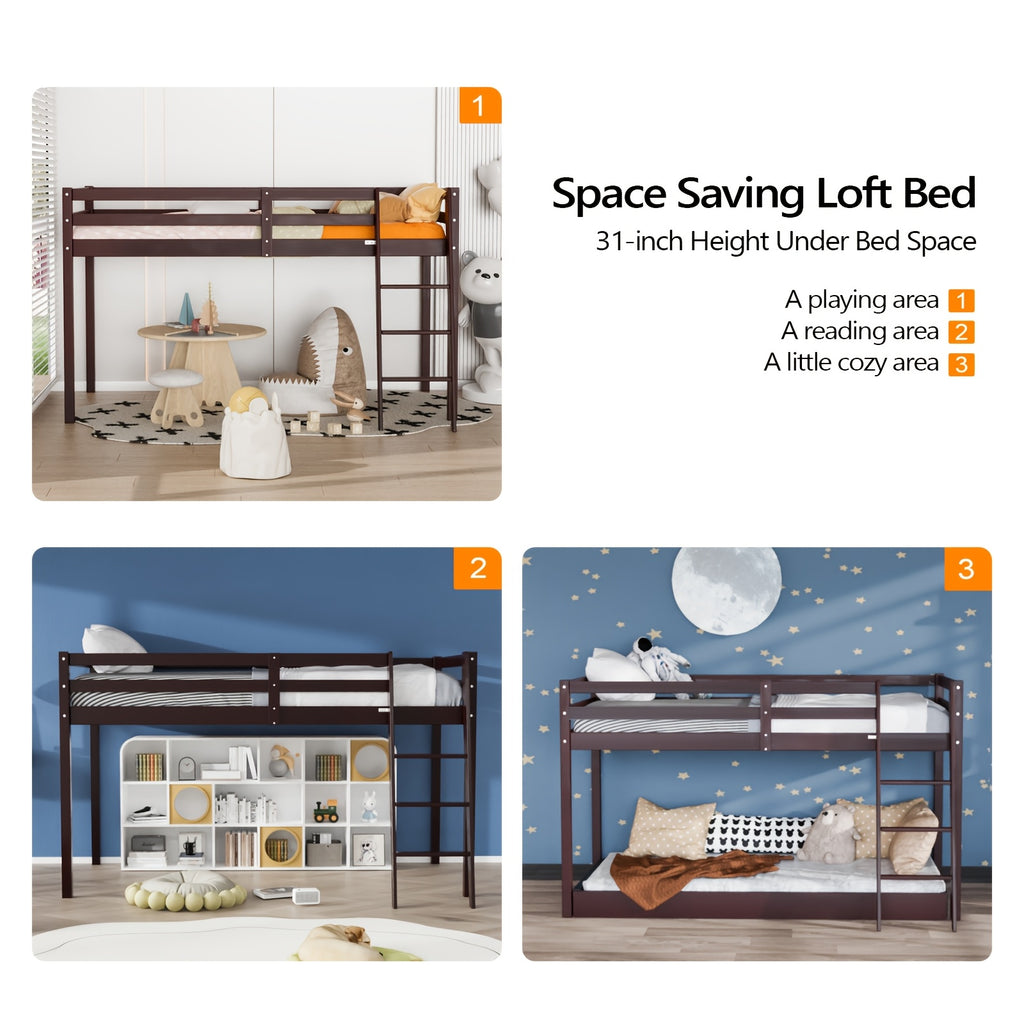 Bonnlo Twin\u002FFull Low Loft Bed with Inclined Stairs - Solid Wood & MDF Bunk Bed Frame, High Guard Rail, No Box Spring Needed, Space-Saving Bed for,,, Small Rooms (No Assembly Required)