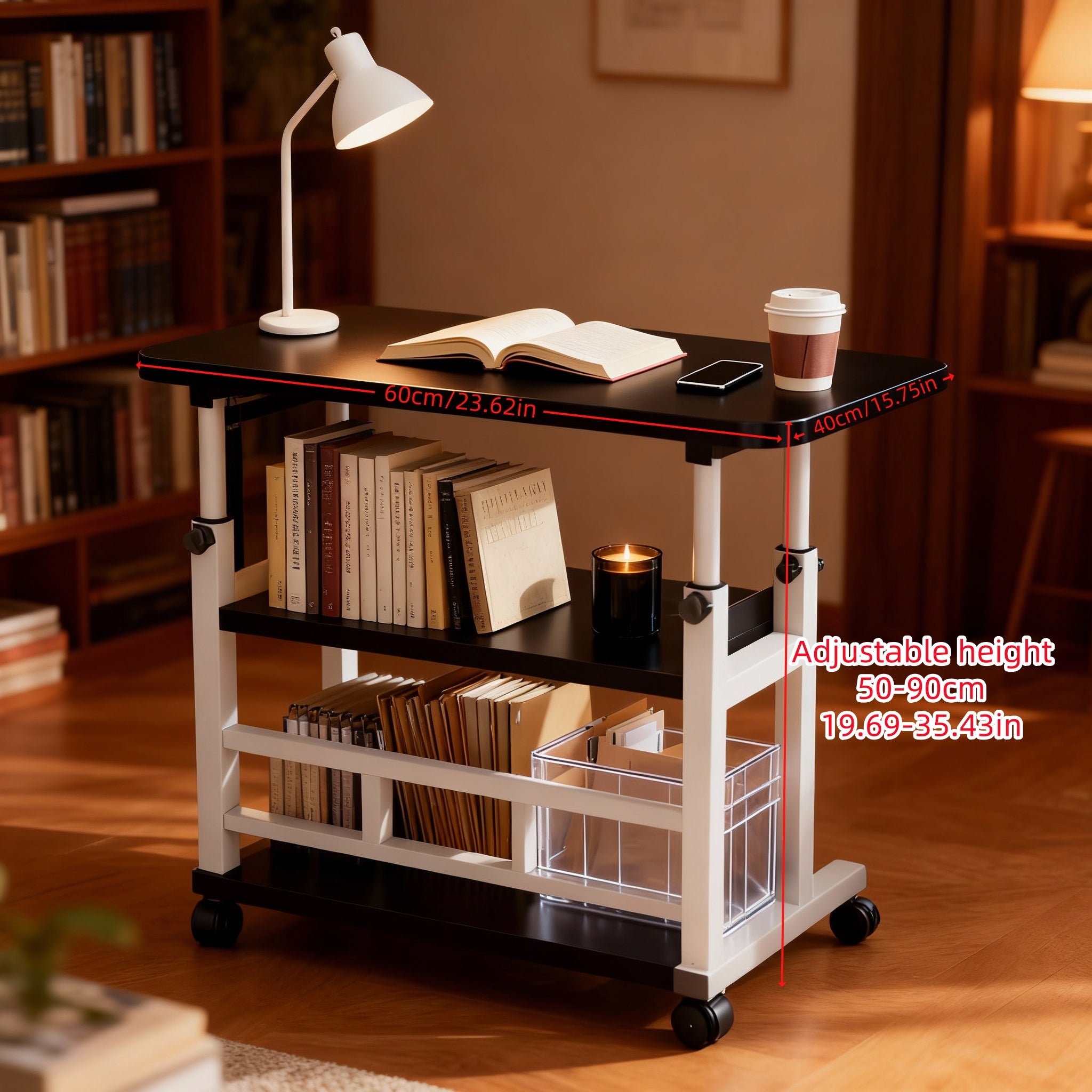 Multi-Functional Height-Adjustable Desk Features Multiple Shelves, Wheels for Easy Movement, Optional Clip-On Desktop Shelf. Suitable for Various Age Groups, Studies, Bedrooms, And Dormitories, Saving Space. Valentine'S Day Gift