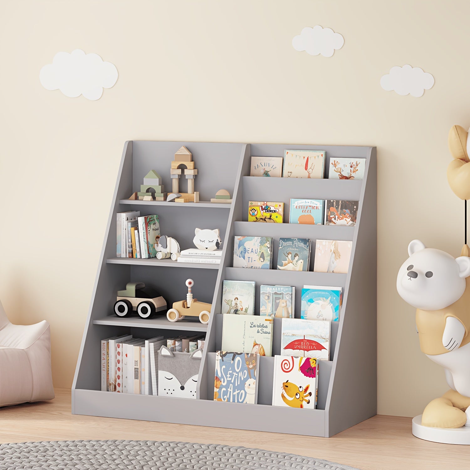 Modern Children's Bookshelf & Toy Organizer, Gray Wooden 2-in-1 Shelf, Trapezoid Book Display with Storage Cabinet for Kids, Nursery Furniture, Space-Saving Playroom Shelf