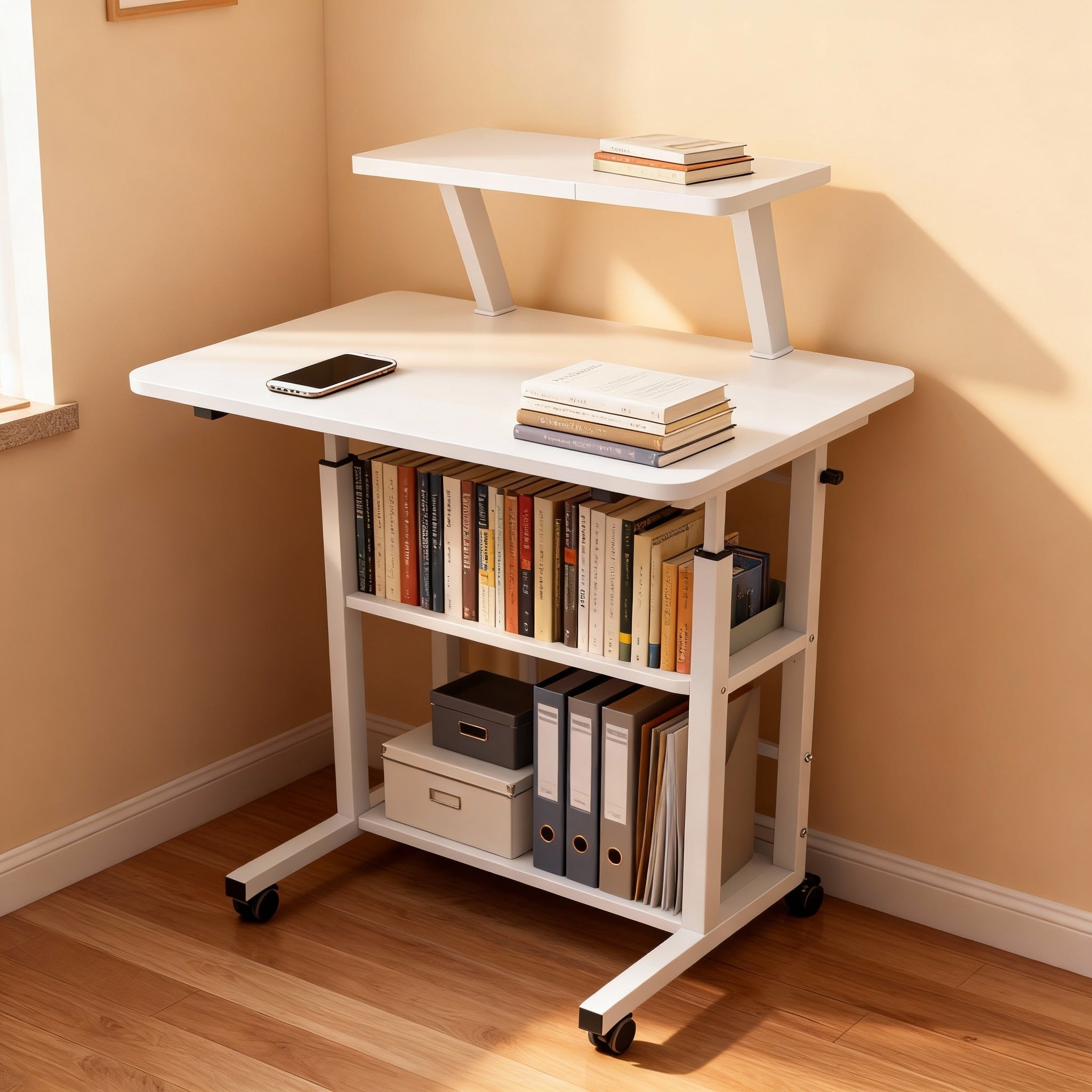 Multi-Functional Height-Adjustable Desk Features Multiple Shelves, Wheels for Easy Movement, Optional Clip-On Desktop Shelf. Suitable for Various Age Groups, Studies, Bedrooms, And Dormitories, Saving Space. Valentine'S Day Gift