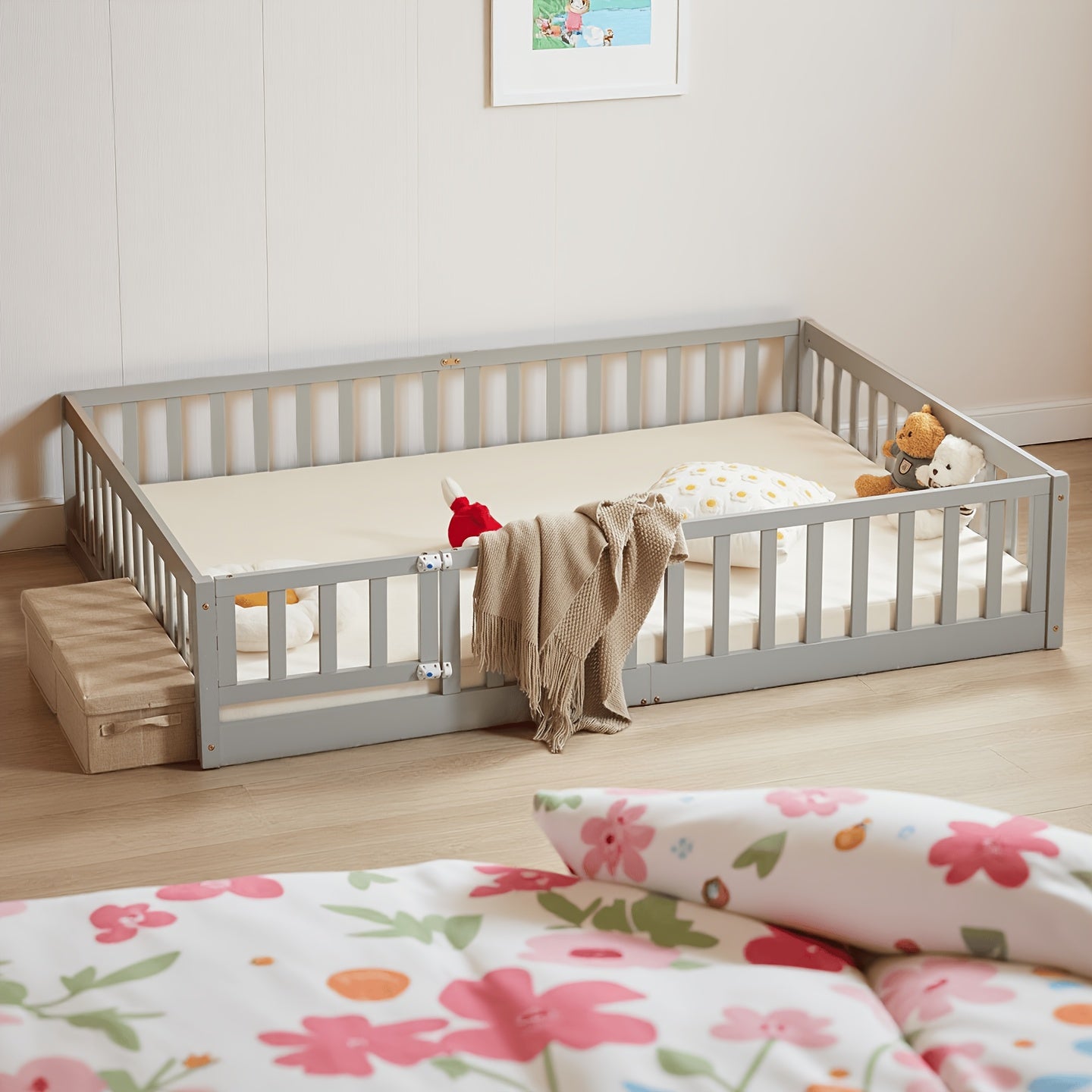 Floor Bed with Door and Fence, Floor Bed with Slats and Safety Guardrails, WoodBed Frame for Girls Boys, Natural
