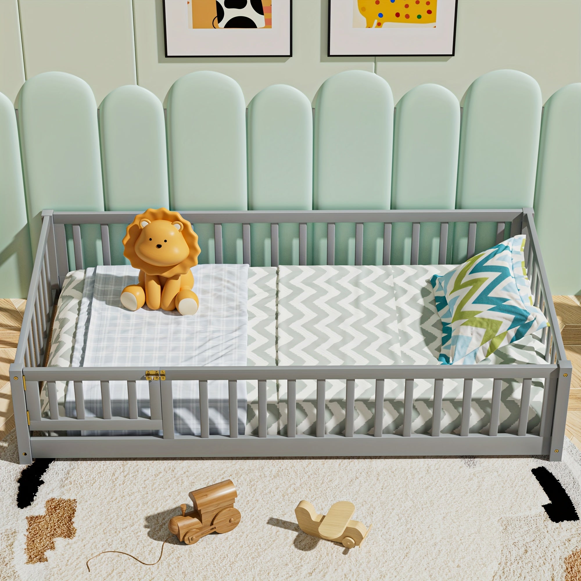 Kids' Solid Wood Bed Kids' Double\u002FFull\u002FQueen Bed Frame, Solid Wood with Reinforced Horizontal Bars, High-Safety Safety Rail and Fun Small Door Design, Durable Bed Suitable for Girls and Boys, Helps Develop Independence, Easy to Assemble