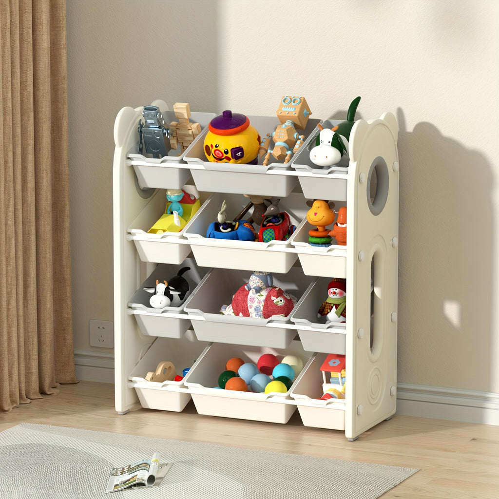 4-Tier Toy Storage Organizer - Kids Book Rack And Diapering Essentials Station With 12 Removable Plastic Bins- Sturdy Bookshelf For Boys And Girls, Holds Toys, Books, Diapers, Wipes, Milk Powder, Bottles, For Playroom, Daycare And Nursery