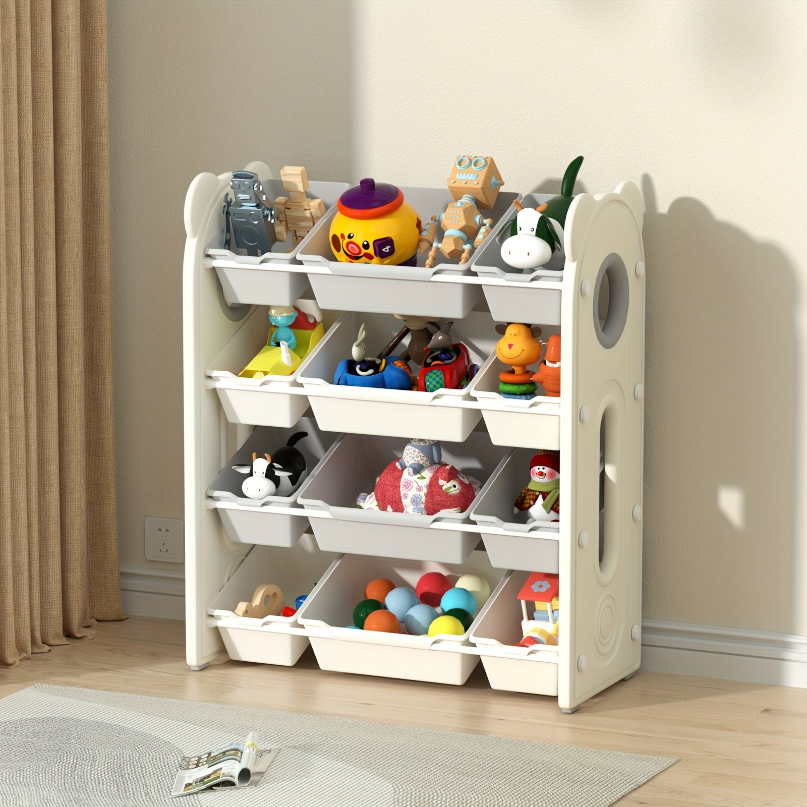 4-Tier Toy Storage Organizer - Kids Book Rack And Diapering Essentials Station With 12 Removable Plastic Bins- Sturdy Bookshelf For Boys And Girls, Holds Toys, Books, Diapers, Wipes, Milk Powder, Bottles, For Playroom, Daycare And Nursery