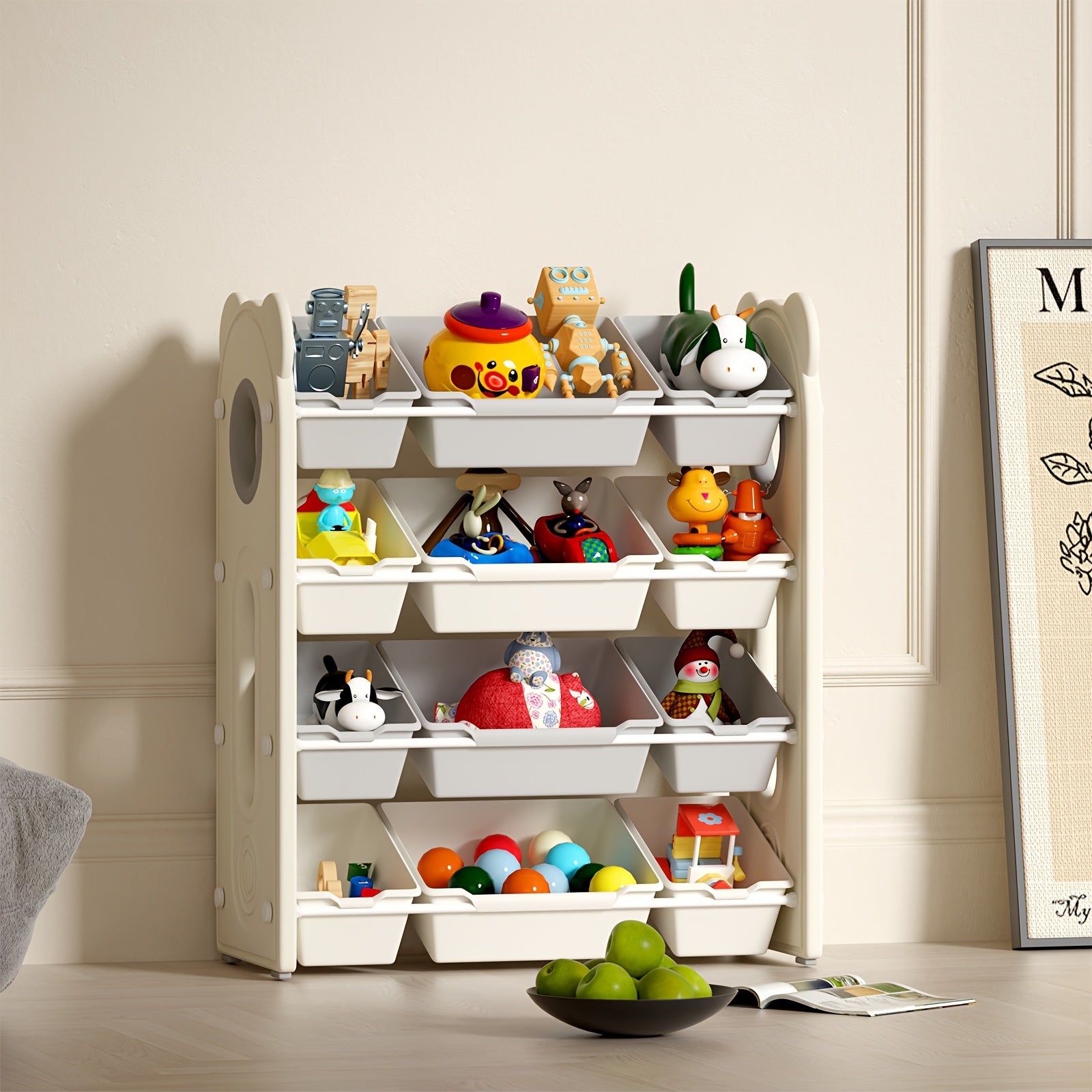 4-Tier Toy Storage Organizer - Kids Book Rack And Diapering Essentials Station With 12 Removable Plastic Bins- Sturdy Bookshelf For Boys And Girls, Holds Toys, Books, Diapers, Wipes, Milk Powder, Bottles, For Playroom, Daycare And Nursery