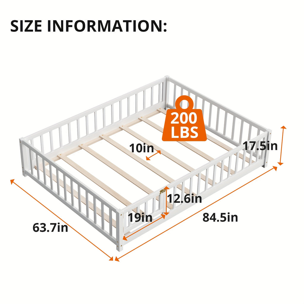 Kids' Solid Wood Bed Kids' Double\u002FFull\u002FQueen Bed Frame, Solid Wood with Reinforced Horizontal Bars, High-Safety Safety Rail and Fun Small Door Design, Durable Bed Suitable for Girls and Boys, Helps Develop Independence, Easy to Assemble