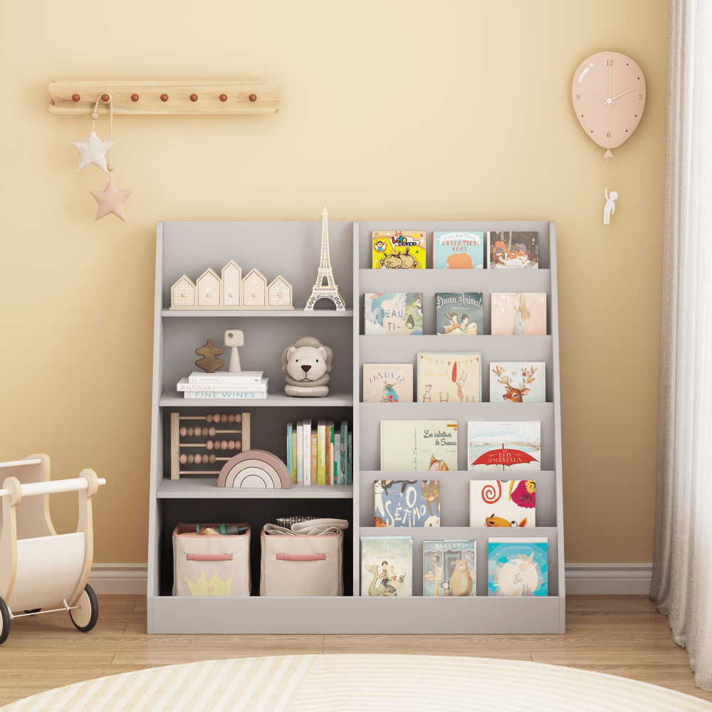 Modern Children's Bookshelf & Toy Organizer, Gray Wooden 2-in-1 Shelf, Trapezoid Book Display with Storage Cabinet for Kids, Nursery Furniture, Space-Saving Playroom Shelf