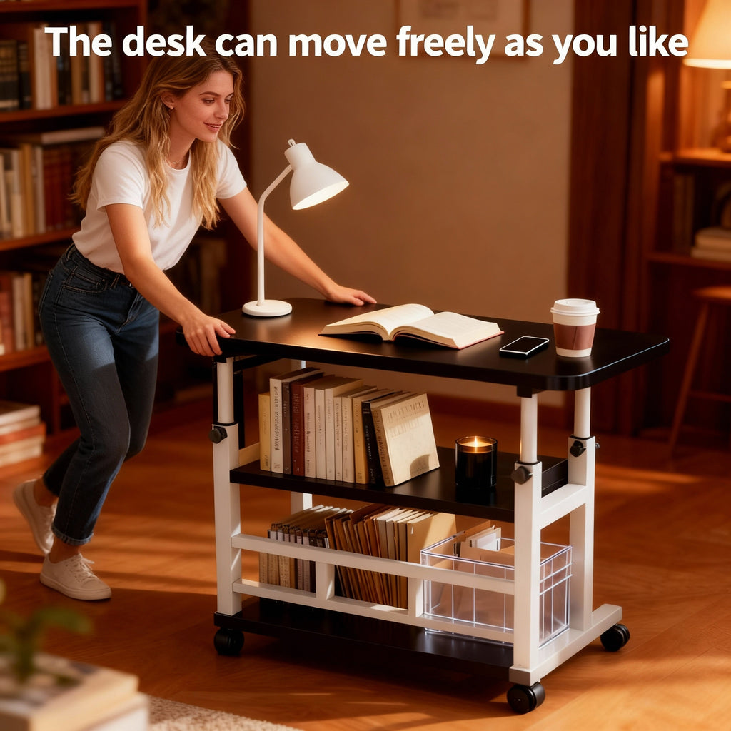 Multi-Functional Height-Adjustable Desk Features Multiple Shelves, Wheels for Easy Movement, Optional Clip-On Desktop Shelf. Suitable for Various Age Groups, Studies, Bedrooms, And Dormitories, Saving Space. Valentine'S Day Gift