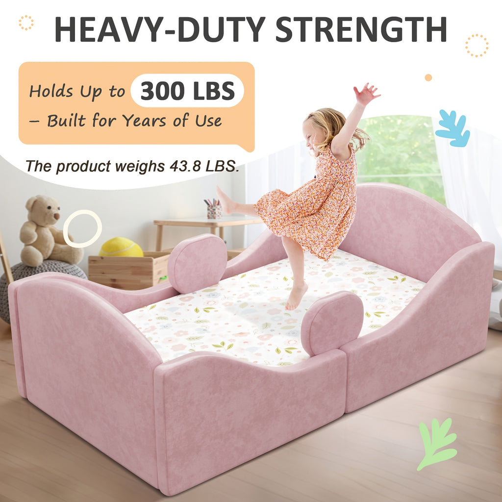 Toddler Bed, Certified Toddler Floor Bed With Removable Safety Rails | Standard Crib Size Ultra Soft Upholstered Kids Bed For Girl Boy Pink, Blue, Gray - Wood, Pine Finish, Assembly Required, Mattress Not Included