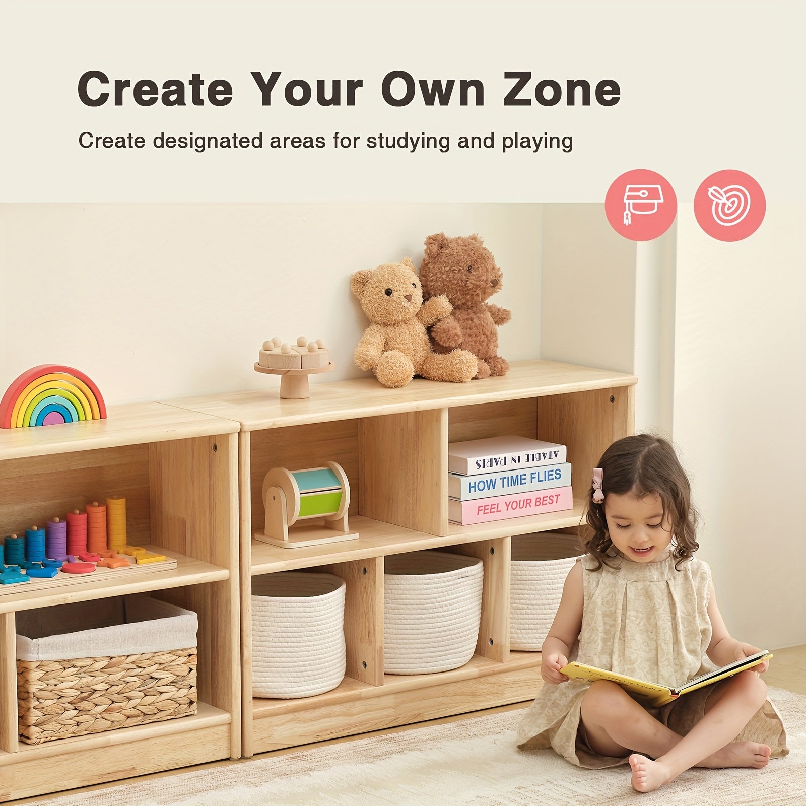 Rubber Wood 5-Compartment Book Shelf, 35.4\