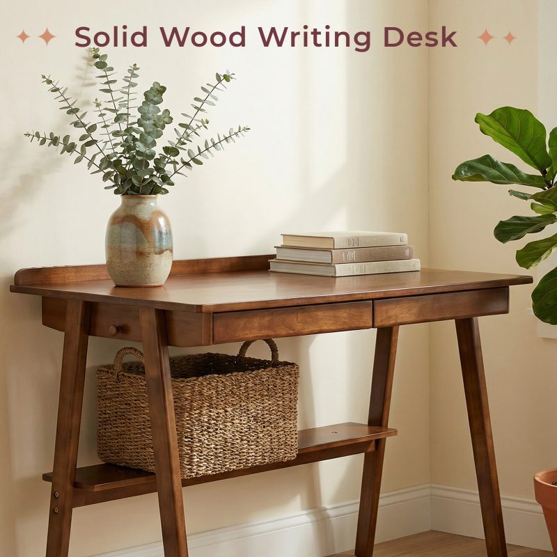 Solid Wood Writing Desk, Home Office Desk for Small Spaces, Mid-Century Modern Desk with 2 Drawers Storage Shelf, Standing Desk with Side Hooks for Study, Bedroom, Office (Walnut)