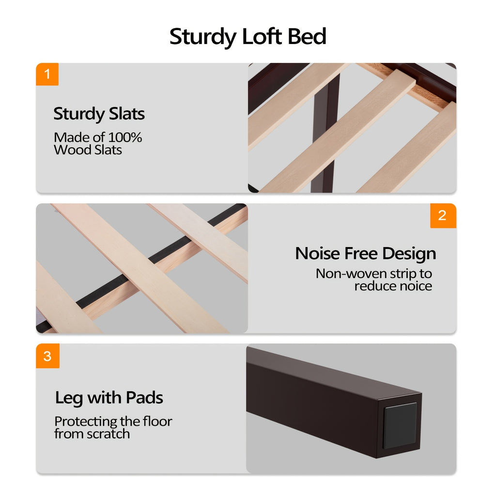 Bonnlo Twin\u002FFull Low Loft Bed with Inclined Stairs - Solid Wood & MDF Bunk Bed Frame, High Guard Rail, No Box Spring Needed, Space-Saving Bed for,,, Small Rooms (No Assembly Required)