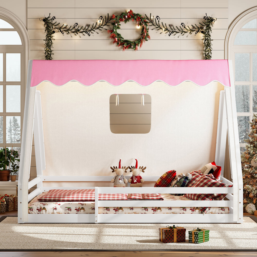 Full Size House Floor Bed with Tent And Light, Solid Wood Teepee Floor Bed with Full-Length Guardrails, Childlike Design, White+Pink