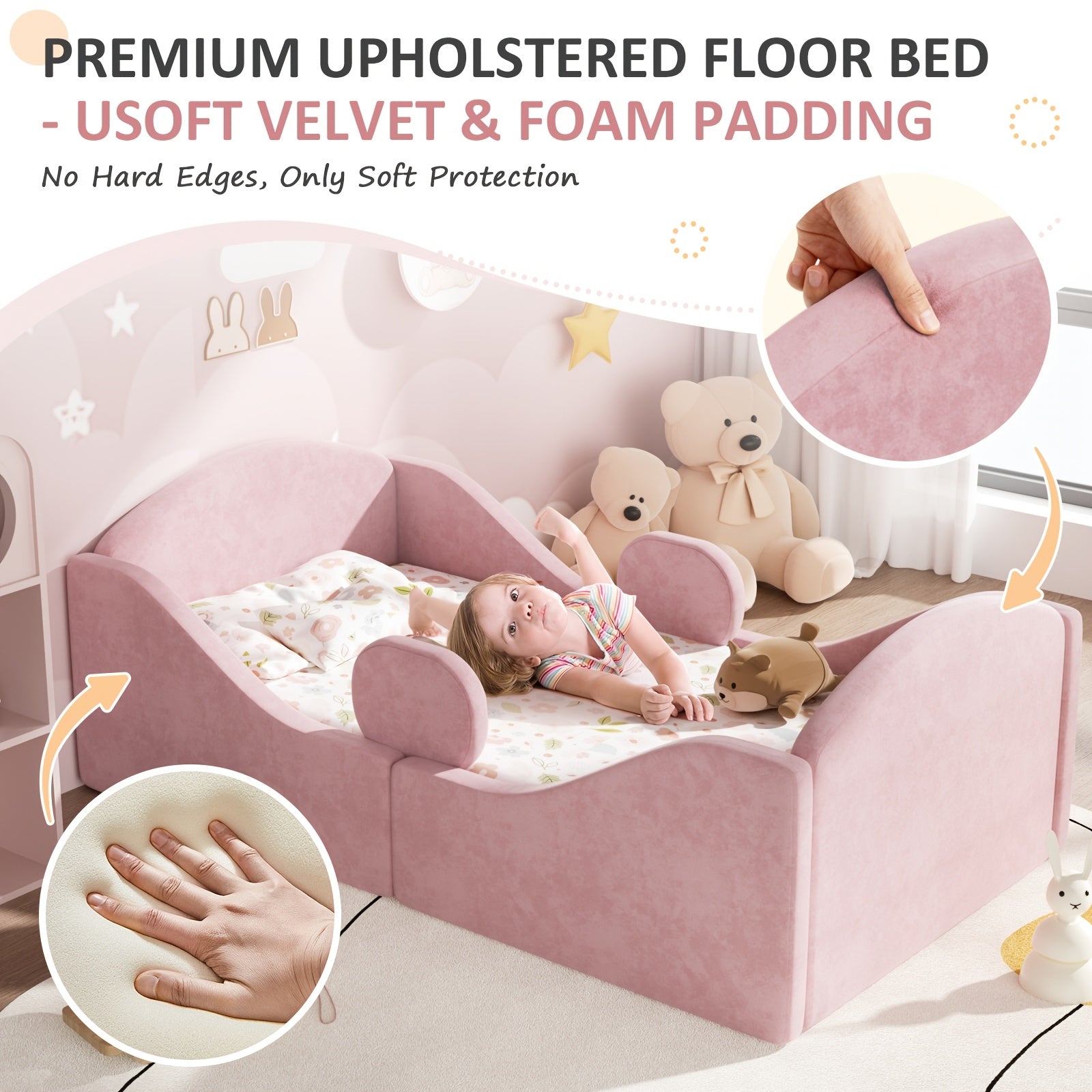 Toddler Bed, Certified Toddler Floor Bed With Removable Safety Rails | Standard Crib Size Ultra Soft Upholstered Kids Bed For Girl Boy Pink, Blue, Gray - Wood, Pine Finish, Assembly Required, Mattress Not Included