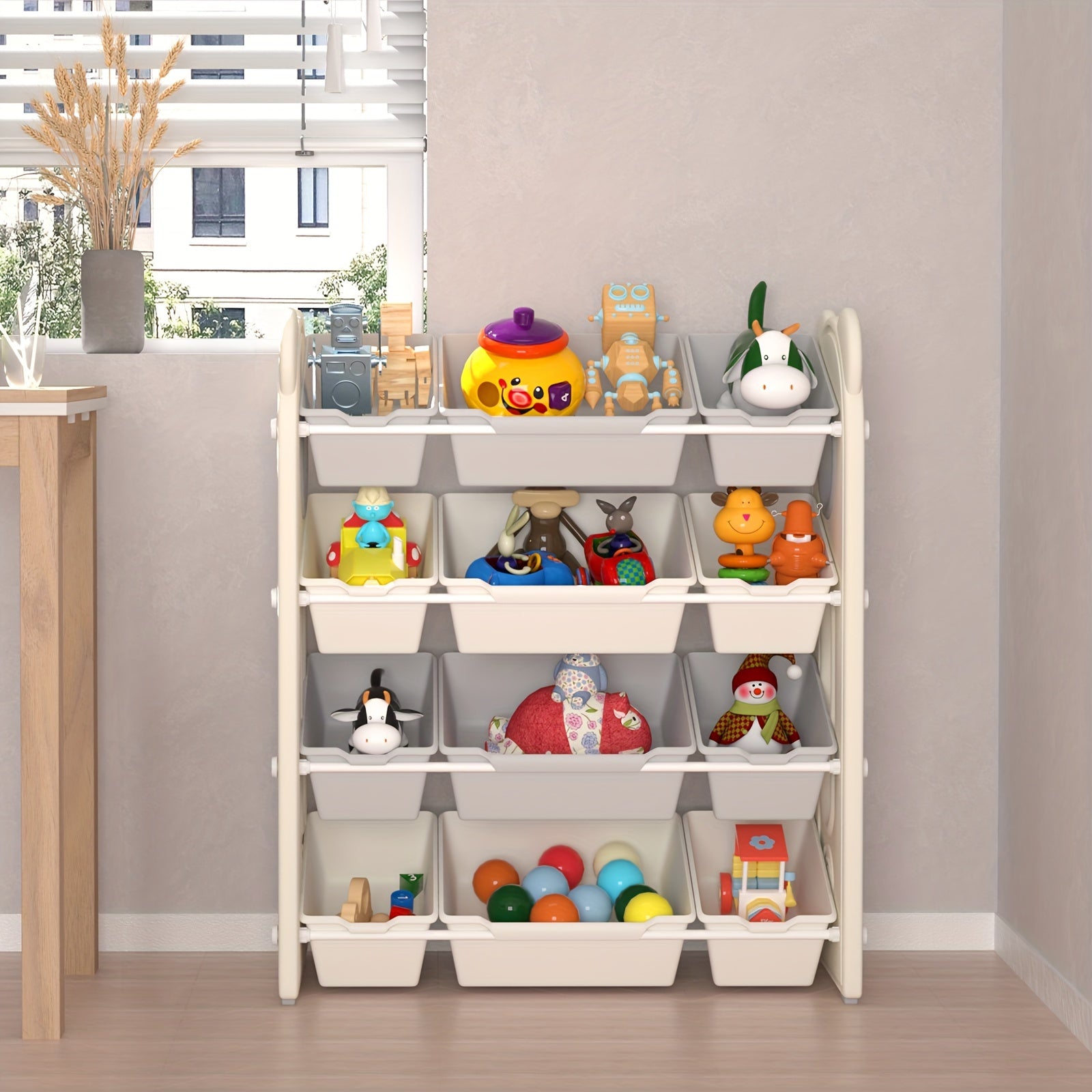 4-Tier Toy Storage Organizer - Kids Book Rack And Diapering Essentials Station With 12 Removable Plastic Bins- Sturdy Bookshelf For Boys And Girls, Holds Toys, Books, Diapers, Wipes, Milk Powder, Bottles, For Playroom, Daycare And Nursery