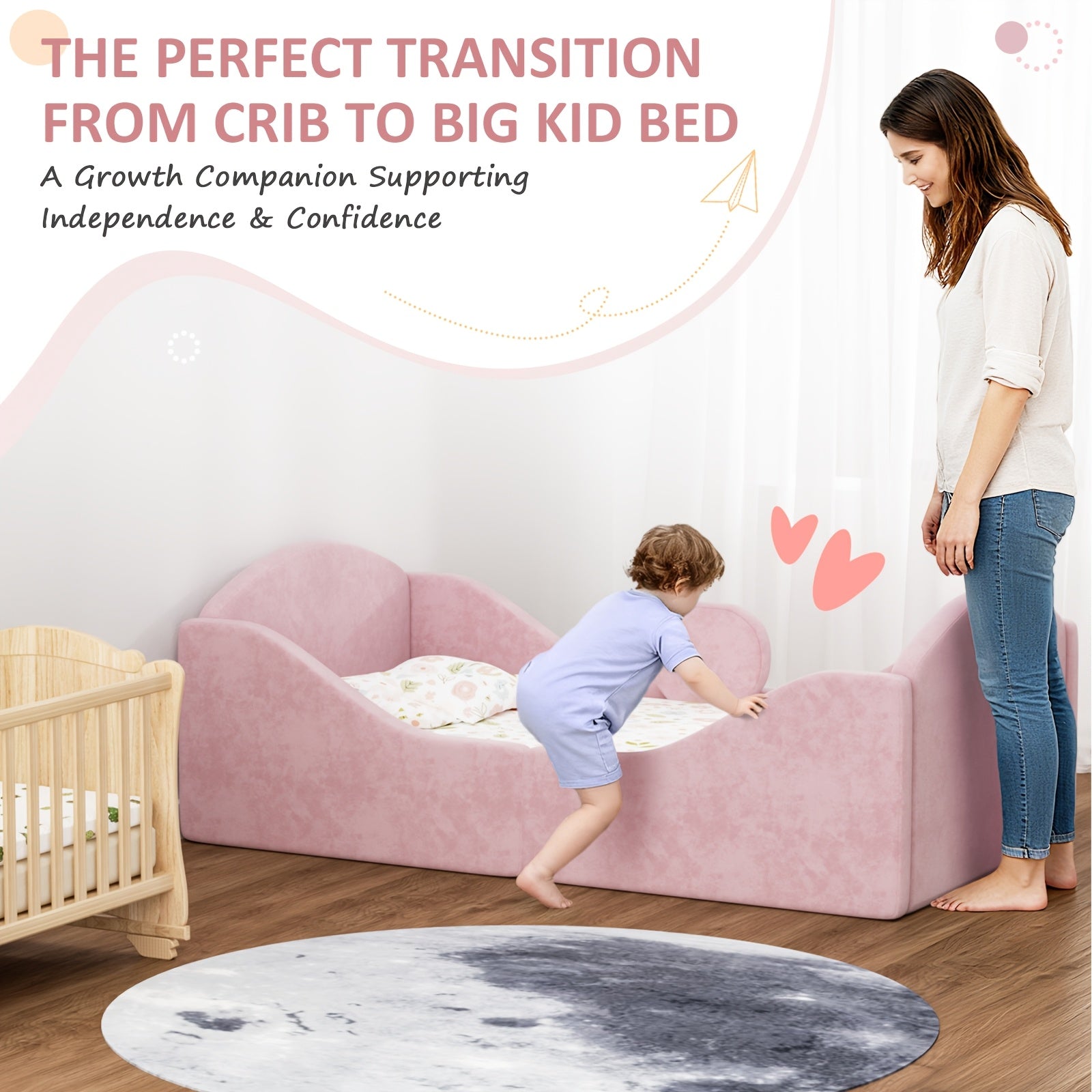 Toddler Bed, Certified Toddler Floor Bed With Removable Safety Rails | Standard Crib Size Ultra Soft Upholstered Kids Bed For Girl Boy Pink, Blue, Gray - Wood, Pine Finish, Assembly Required, Mattress Not Included