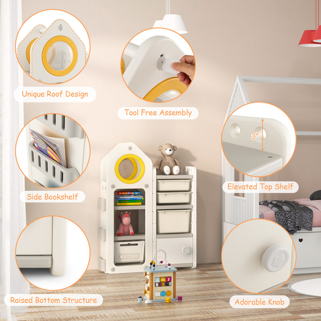 COSTWAY Kids Toy Storage Organizer, Multipurpose Toy Chest and Bookshelf w\u002F Mobile Trolley, Enclosed Cabinets & Storage Bins, Side Bookshelves, Storage Cabinet w\u002F Unique Roof