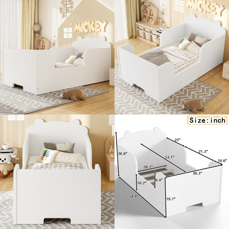 Toddler Floor Bed Frame Cot Bed for Boys and Girls Ages 3-6 Bear Shape Toddler Bed White