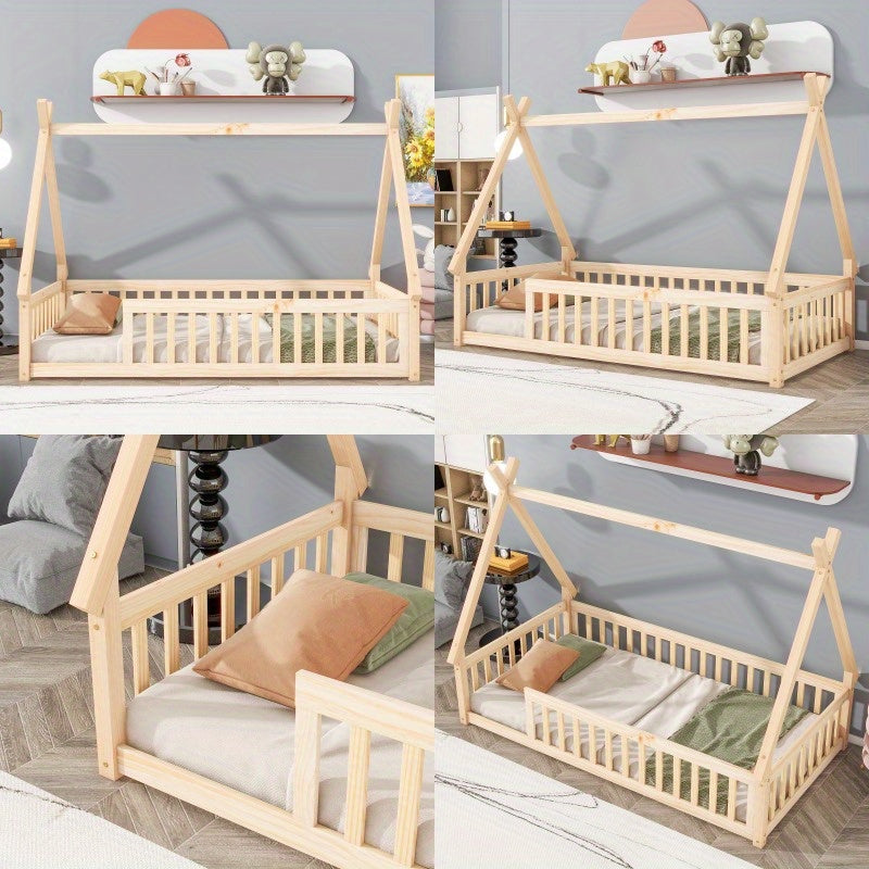 GINOST Contemporary Wooden Teepee Bed with Guardrails & Slats - Artistic Floor Bed Design, Natural Wood Finish, Easy Assembly, No Electricity Needed, Perfect for Youngsters' Rooms, Bedroom Furniture, Playful Room Decor, Sturdy Construction